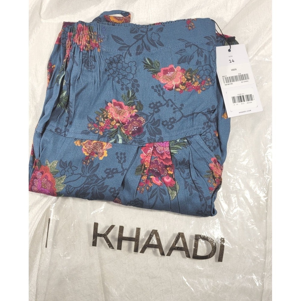 Khaadi Women's Pakistani Pleated Pants - 100% Viscose Blue Floral - Sz 14